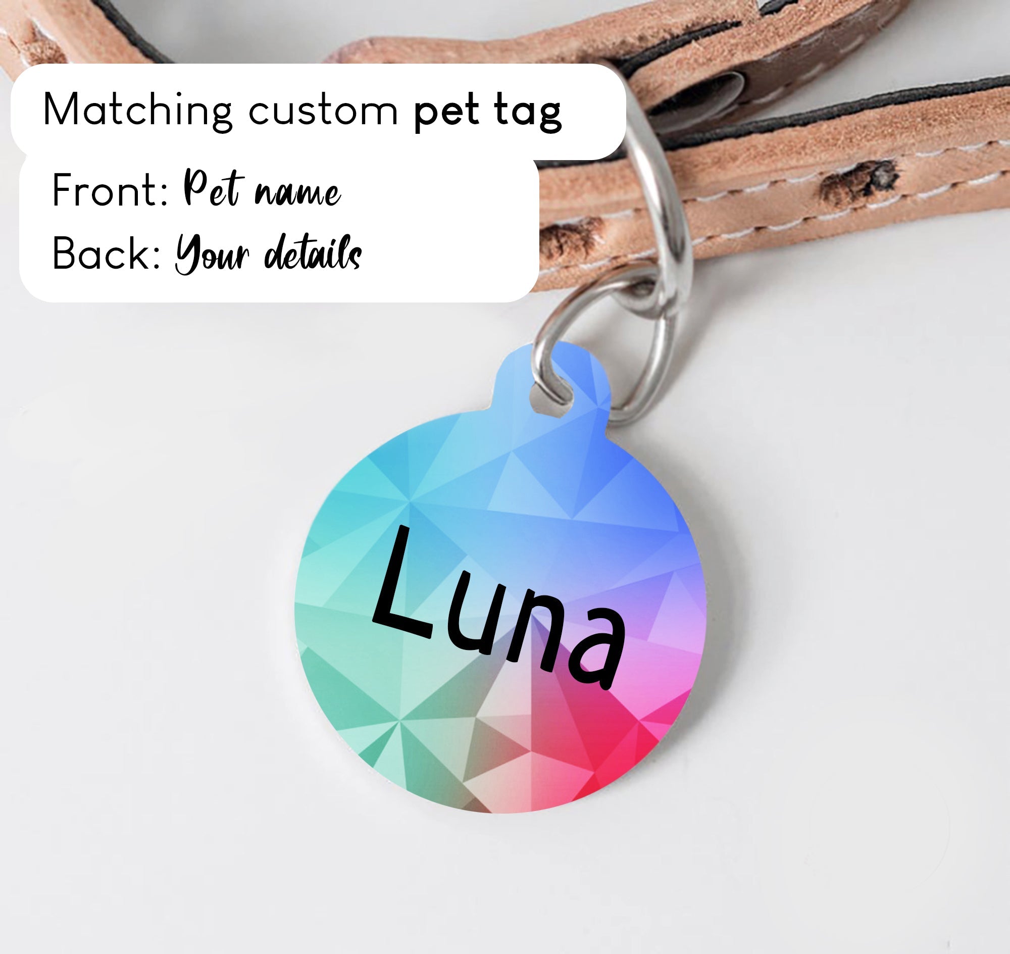 Abstract Colorful Triangles Dog Collar - S-L sizes with custom matching pet tag - Adventures of Rubi