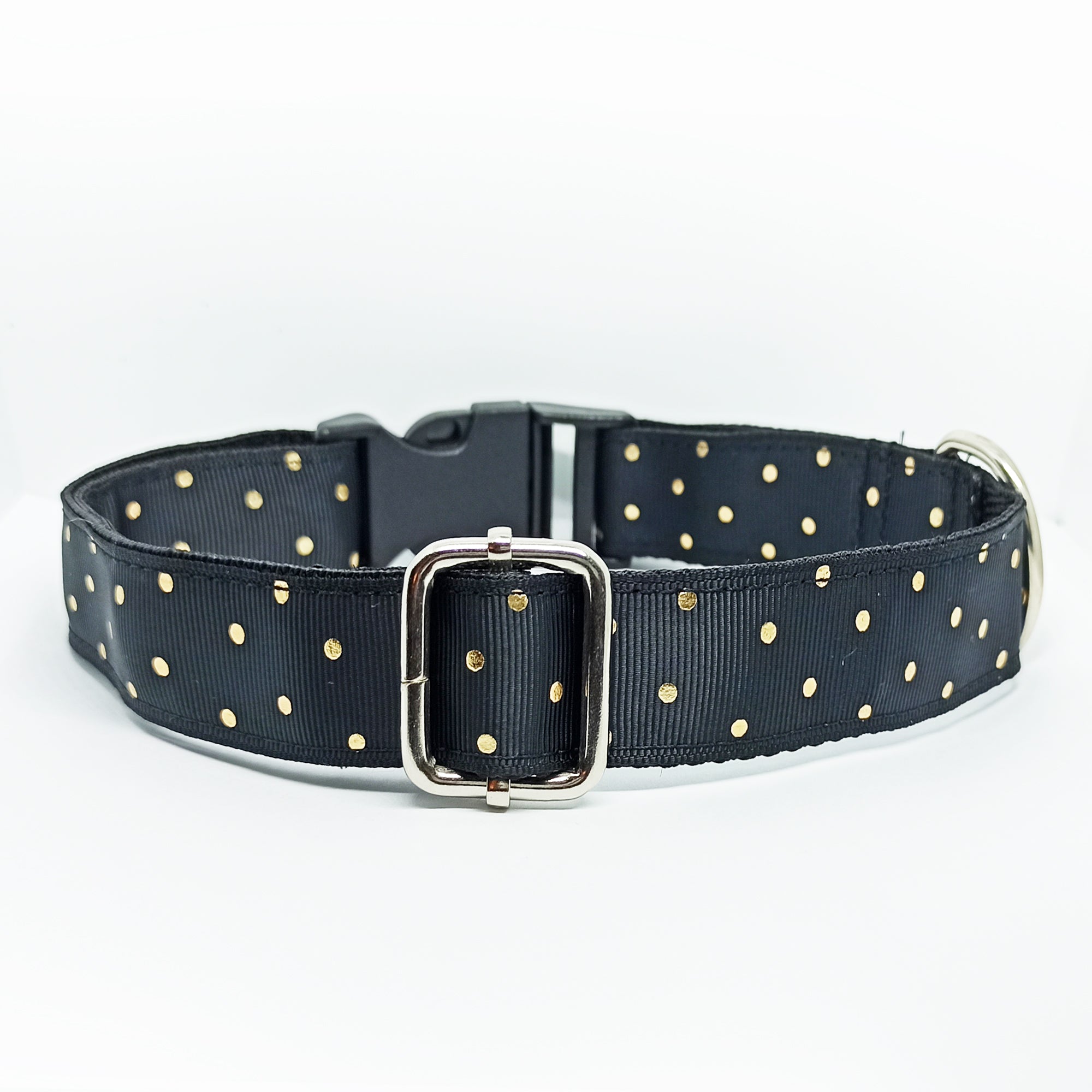 Black with Golden Polka Dots Dog Collar - S-L sizes with custom matching pet tag - Adventures of Rubi