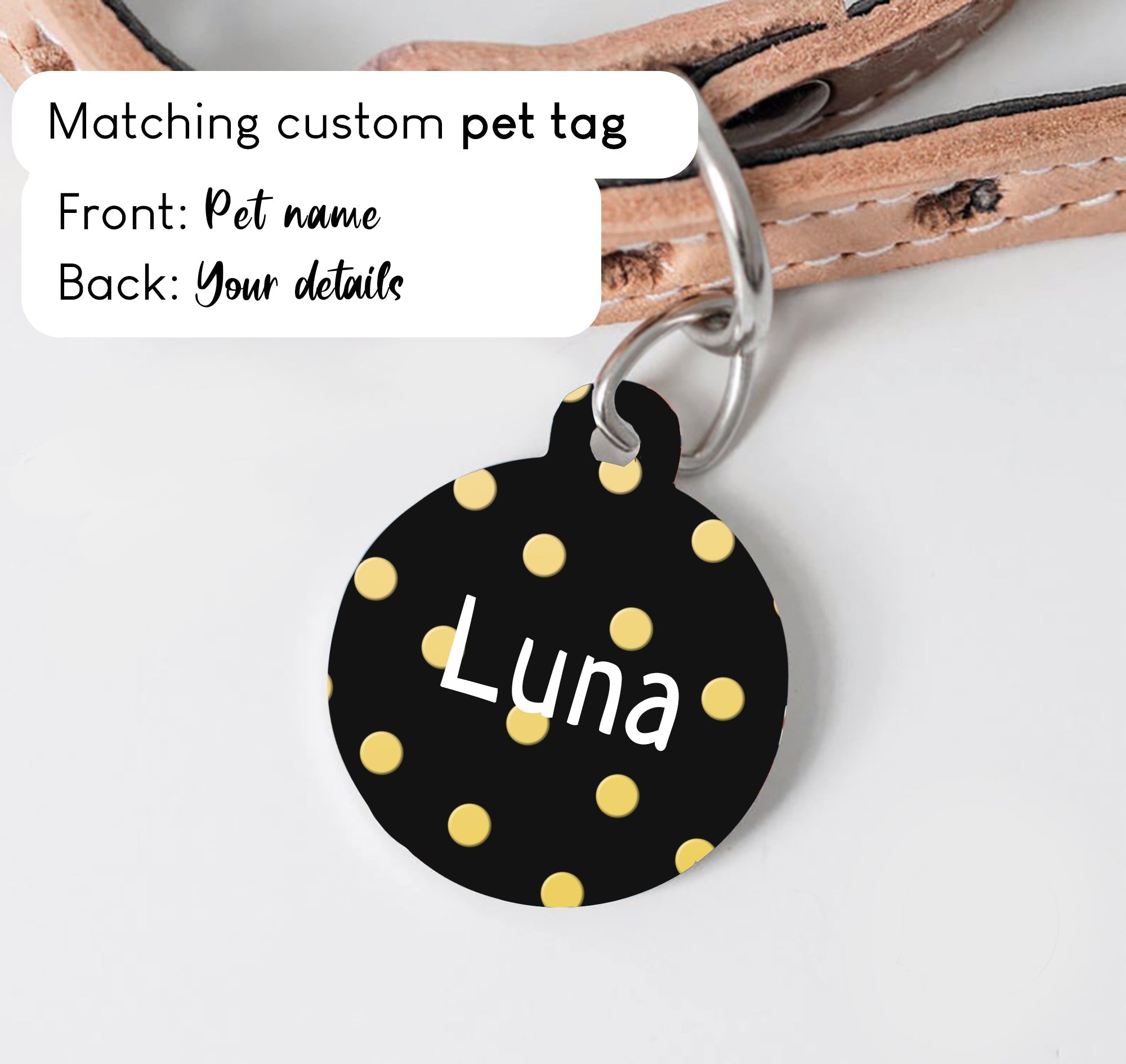 Black with Golden Polka Dots Dog Collar - S-L sizes with custom matching pet tag - Adventures of Rubi