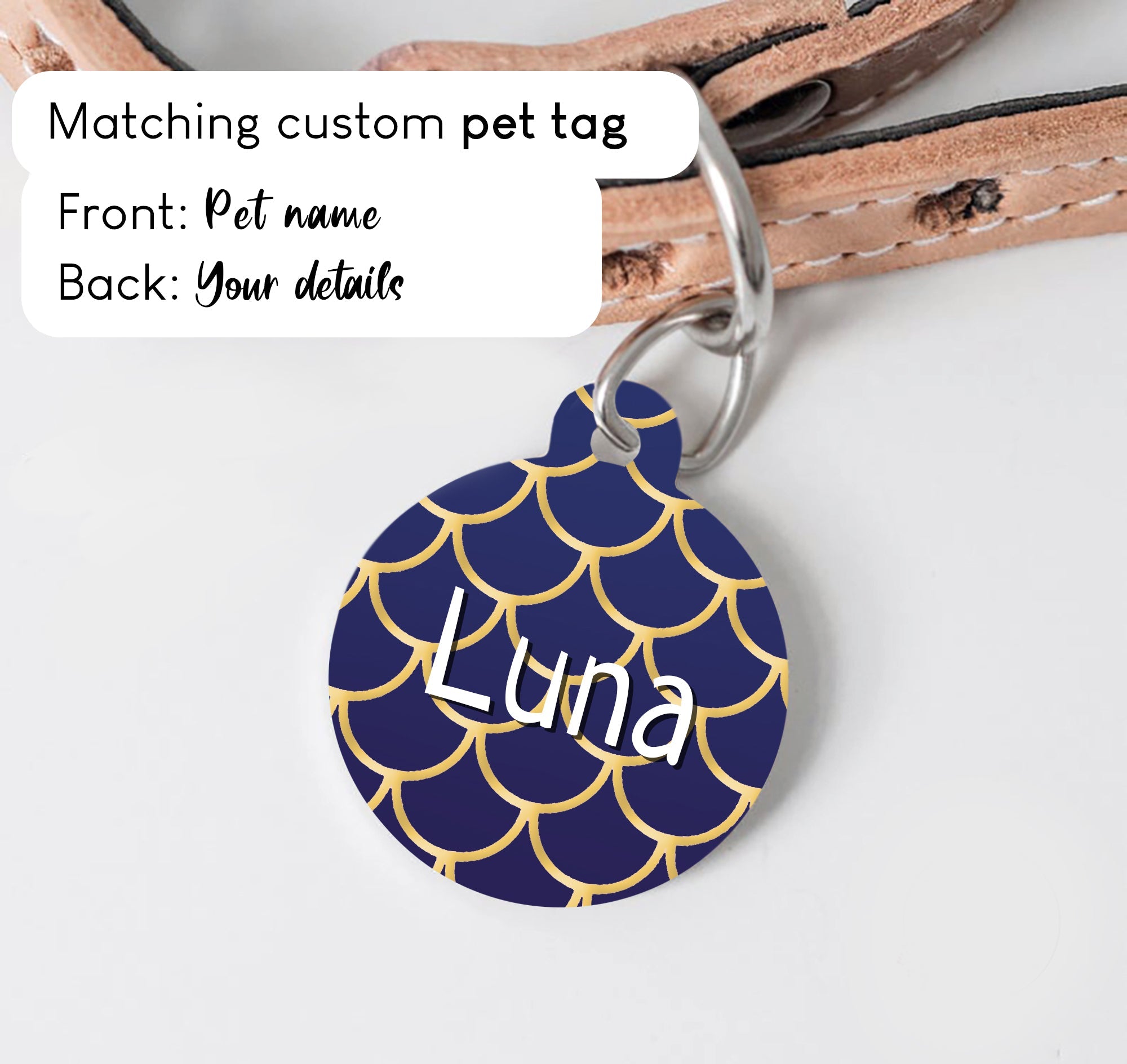 Blue, Navy blue with Golden Scale Pattern Dog Collar - S-L sizes with custom matching pet tag - Adventures of Rubi