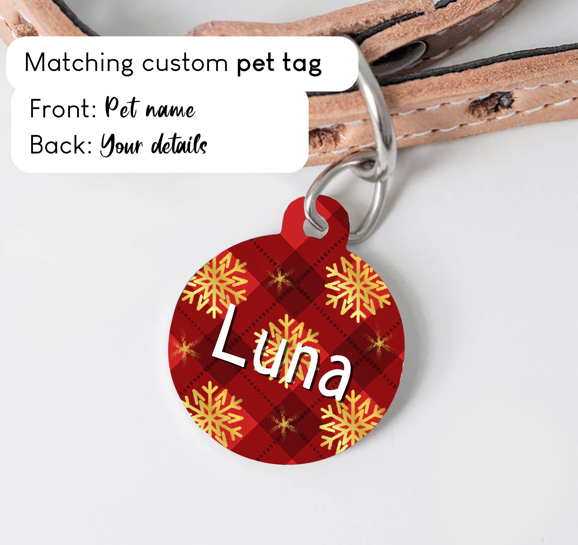 Christmas Holiday Red with Golden Snowflake Dots Dog Collar - S-L sizes with custom matching pet tag - Adventures of Rubi