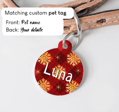Christmas Holiday Red with Golden Snowflake Dots Dog Collar - S-L sizes with custom matching pet tag - Adventures of Rubi