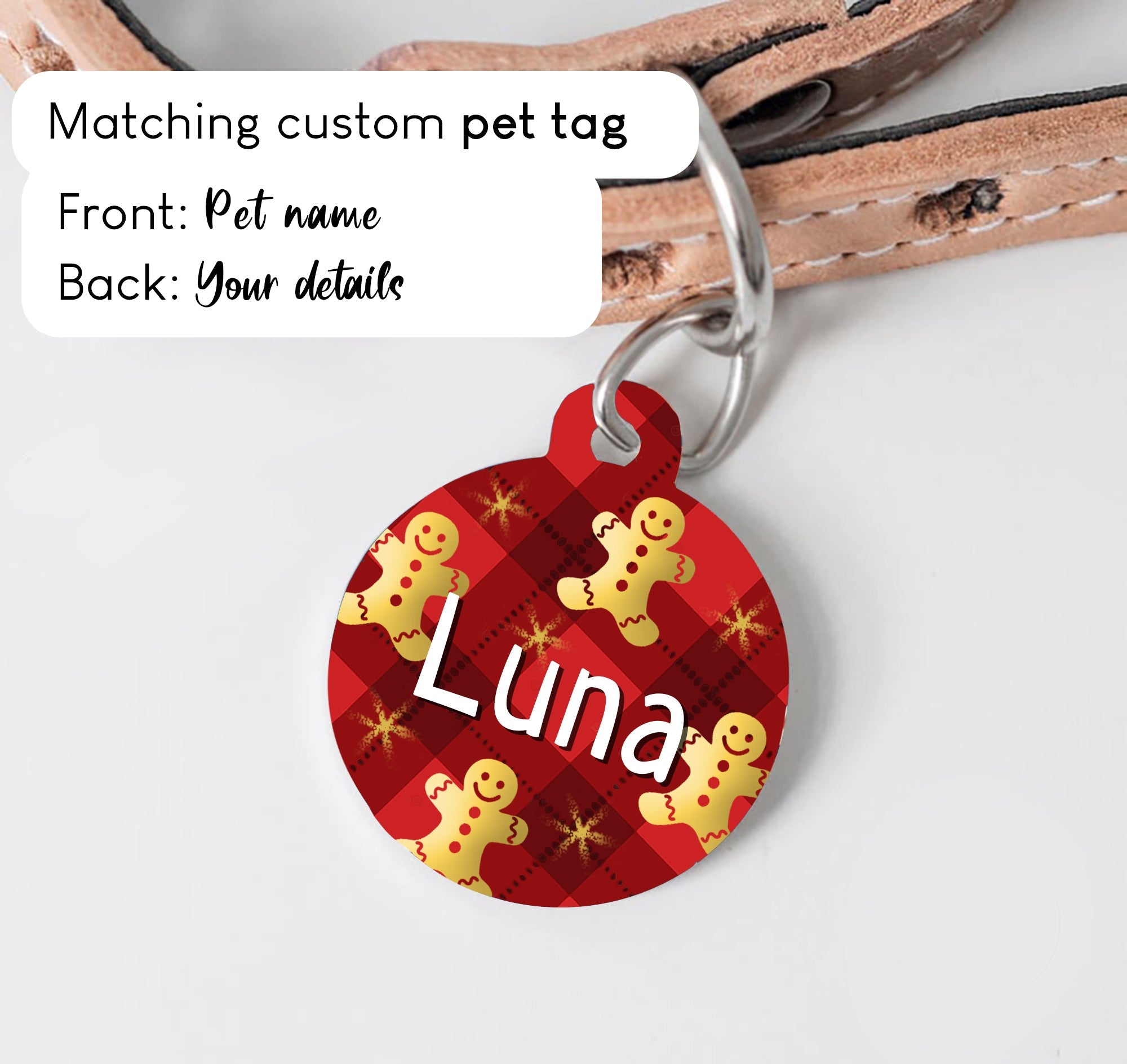 Christmas Holiday with Golden Gingerbread man Dog Collar - S-L sizes with custom matching pet tag - Adventures of Rubi