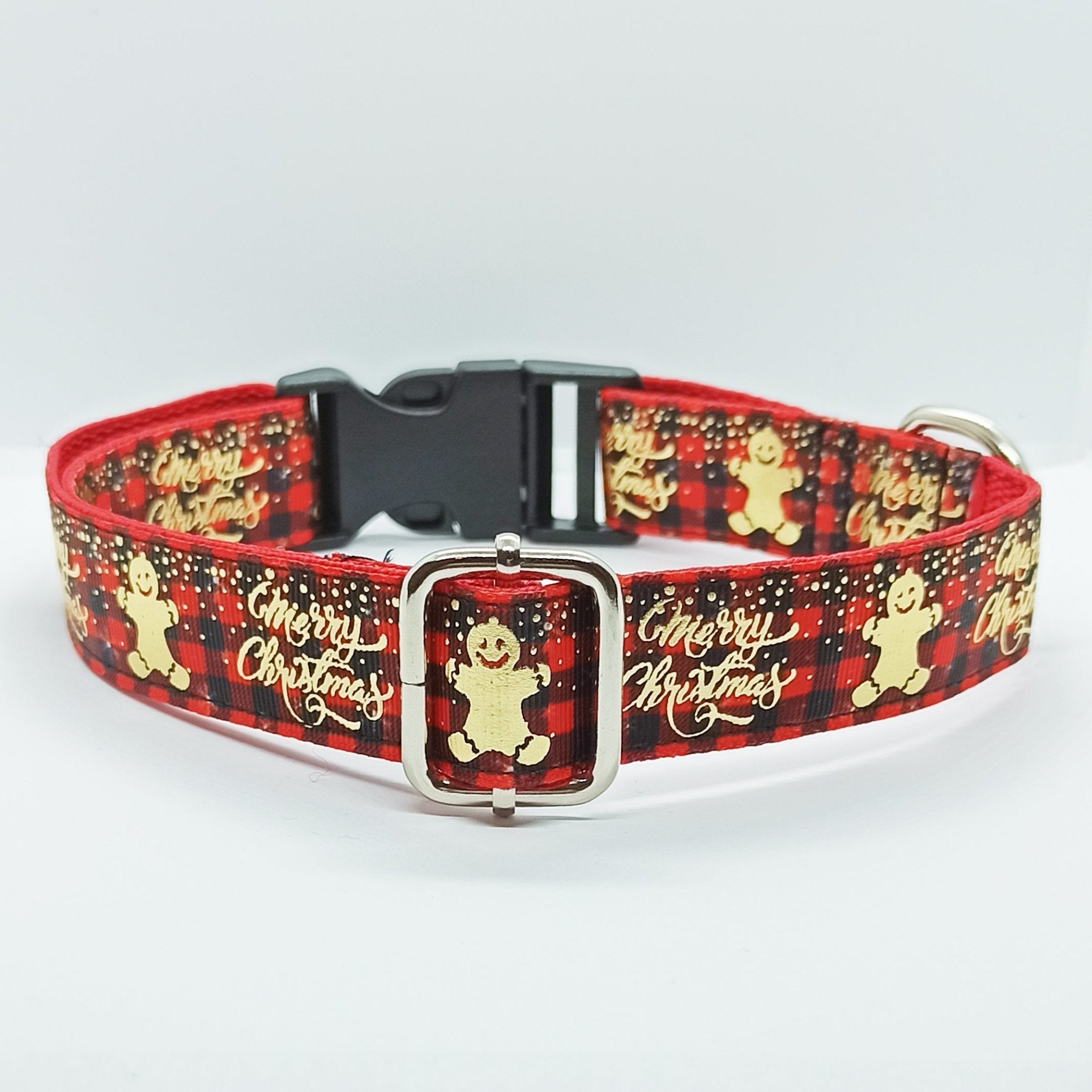 Christmas Holiday with Golden Gingerbread man Dog Collar - S-L sizes with custom matching pet tag - Adventures of Rubi