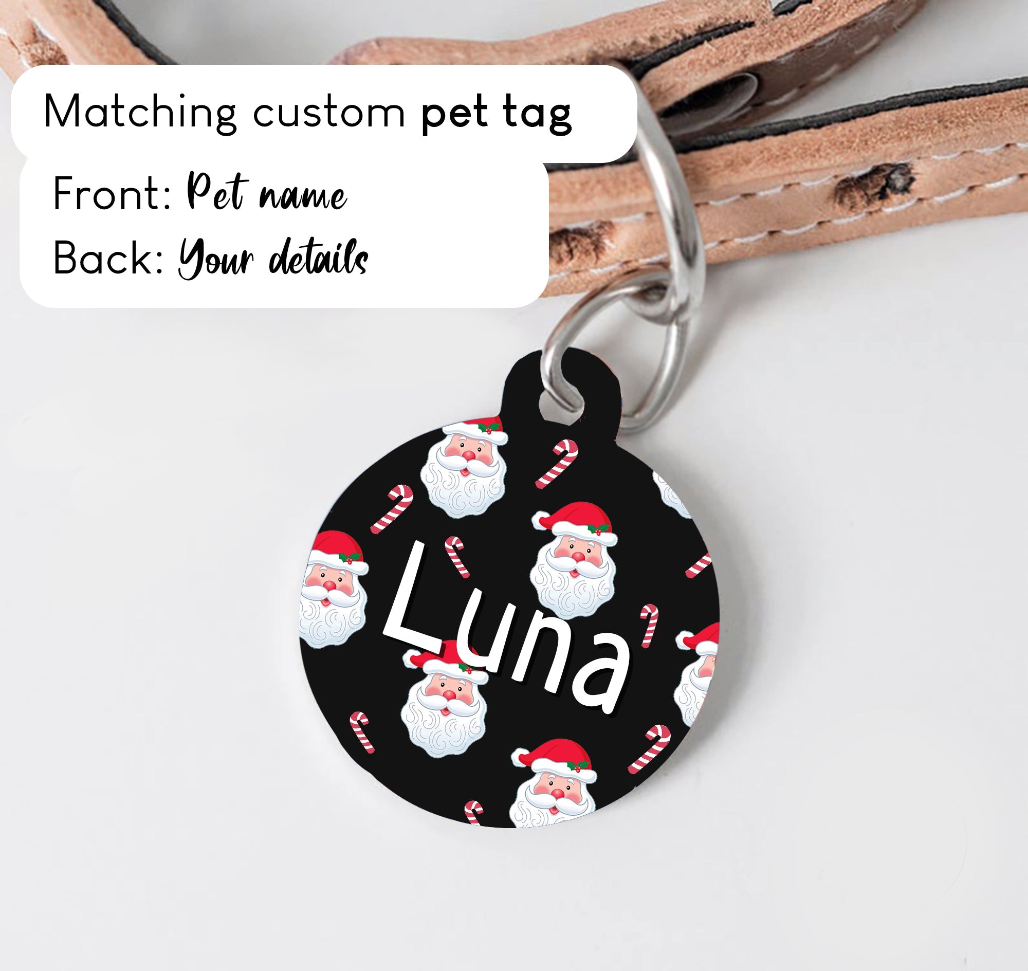 Christmas Santa Claus Ho Ho Ho Christmas Dog Collar - S-L sizes with custom matching pet tag - Adventures of Rubi