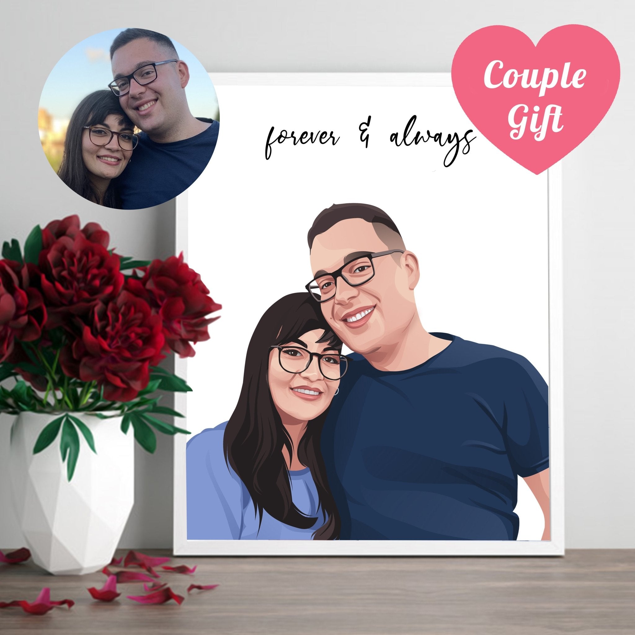 Couple Drawing Custom Personalized Vector Anniversary Gift Portrait - Christmas Gift for Couples - Adventures of Rubi