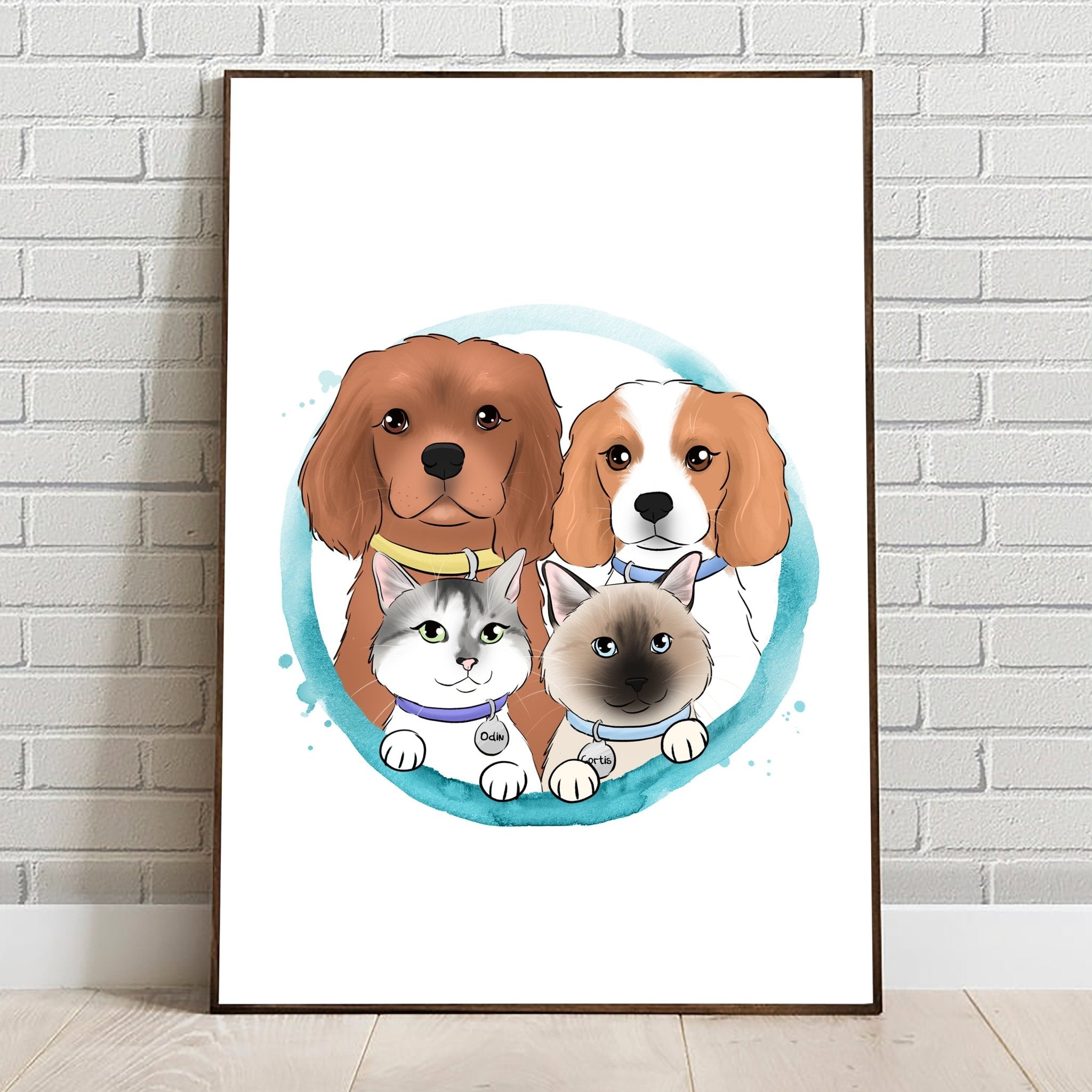 Custom Cartoony Handdrawn Pets Portrait in Colorful Circle - With all of your pets! - Adventures of Rubi