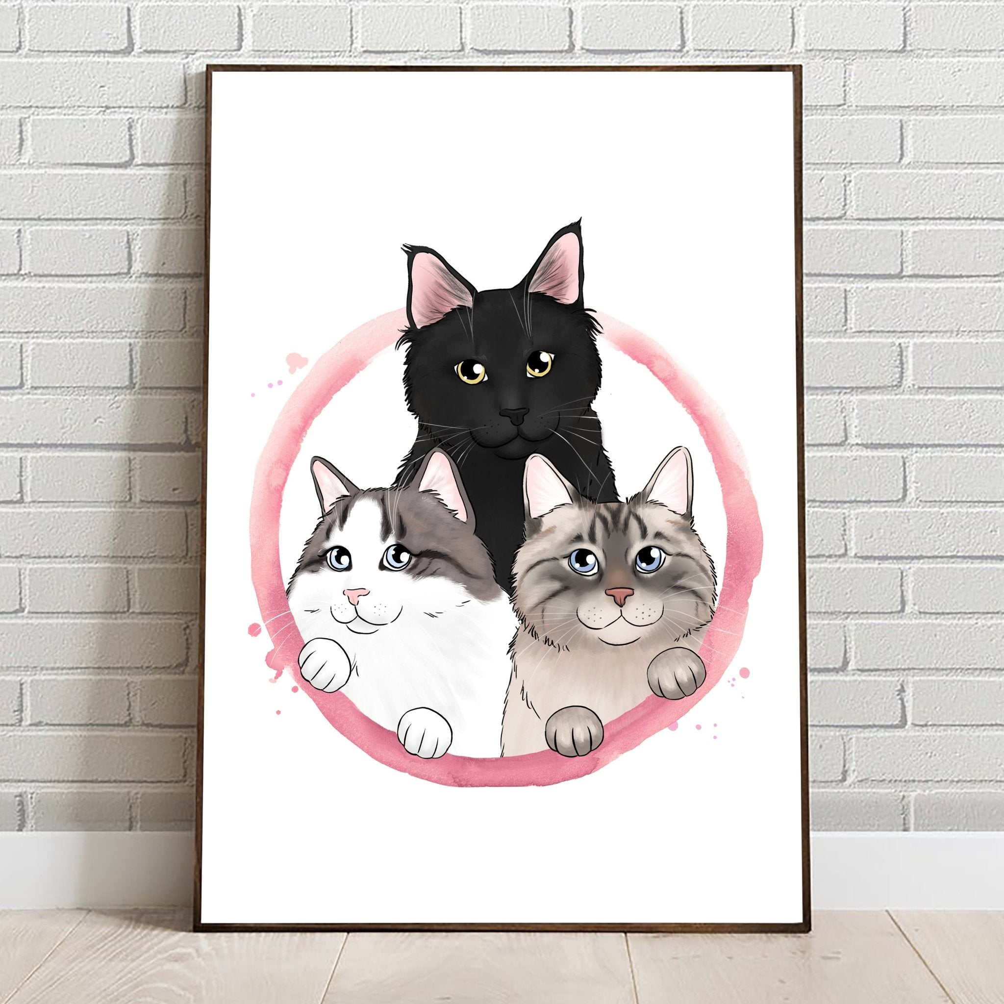 Custom Cartoony Handdrawn Pets Portrait in Colorful Circle - With all of your pets! - Adventures of Rubi