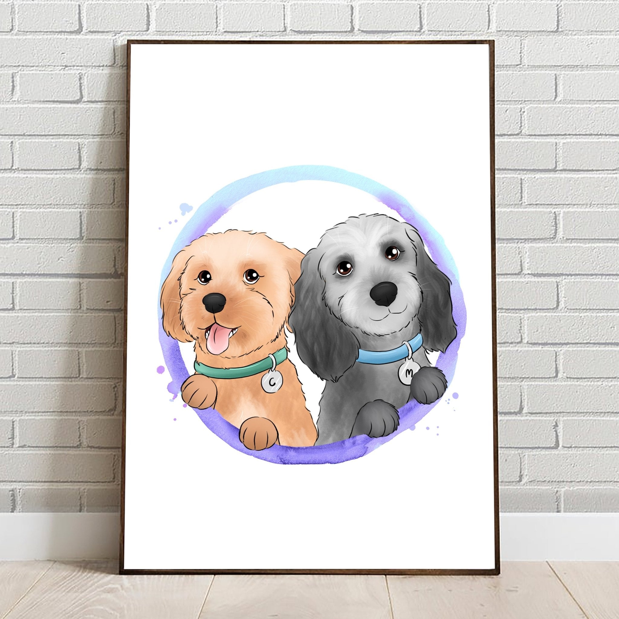 Custom Cartoony Handdrawn Pets Portrait in Colorful Circle - With all of your pets! - Adventures of Rubi