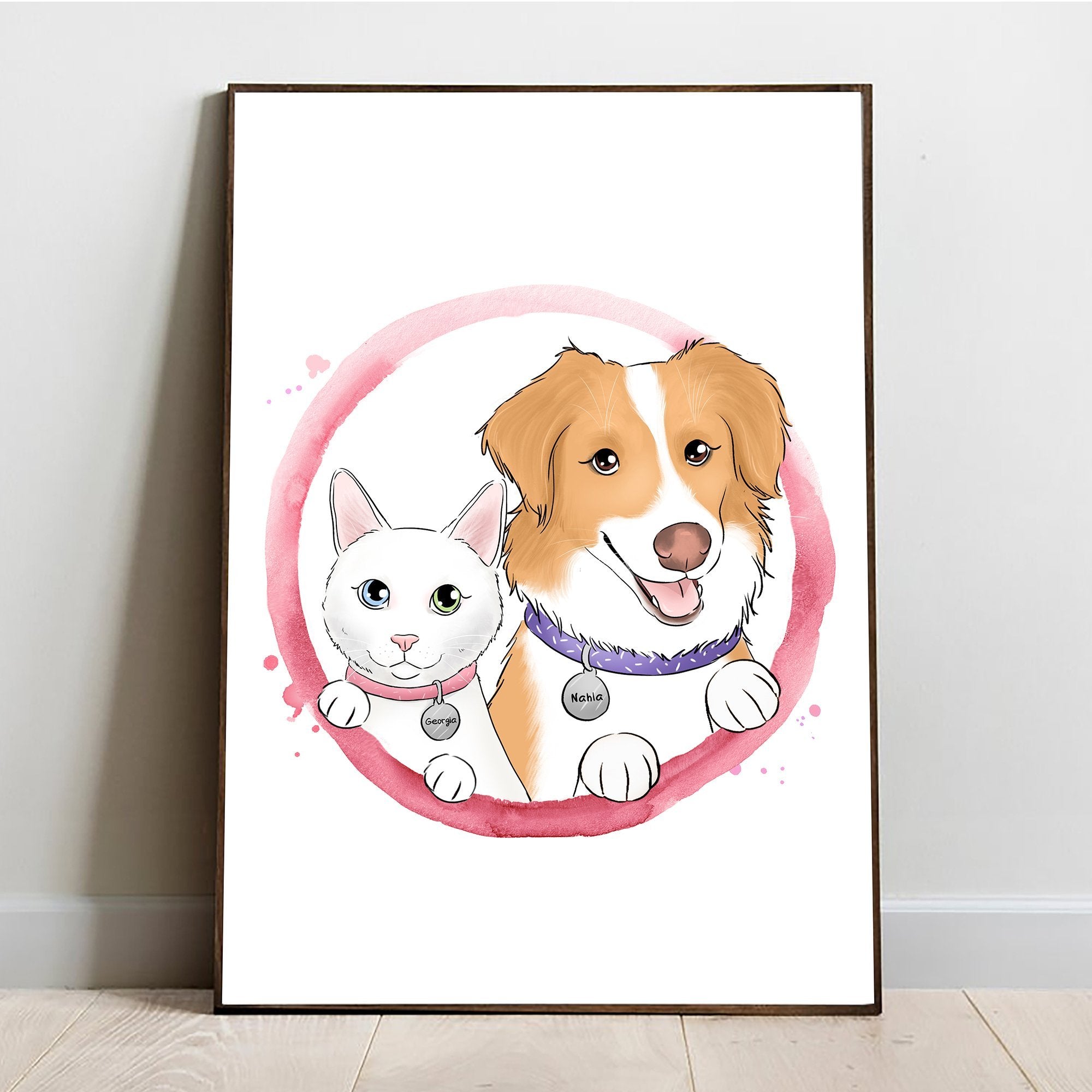 Custom Cartoony Handdrawn Pets Portrait in Colorful Circle - With all of your pets! - Adventures of Rubi