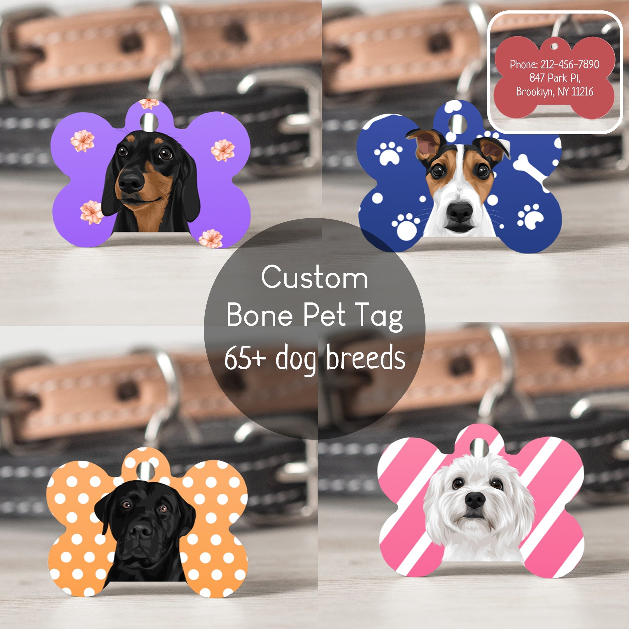 Custom Pet ID Tag - Bone - Choose From 65+ Breed - Design Your Own - Adventures of Rubi