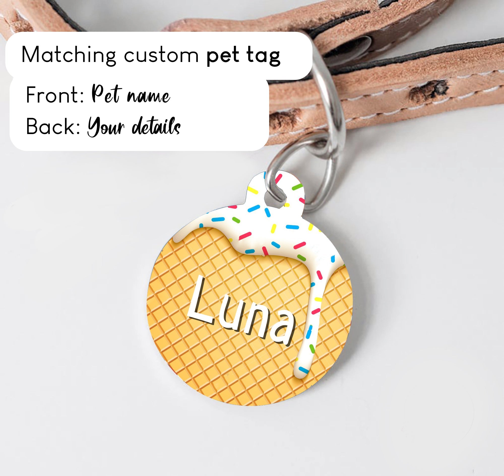 Ice Cream Cone Dog Collar - S-L sizes with custom matching pet tag - Adventures of Rubi