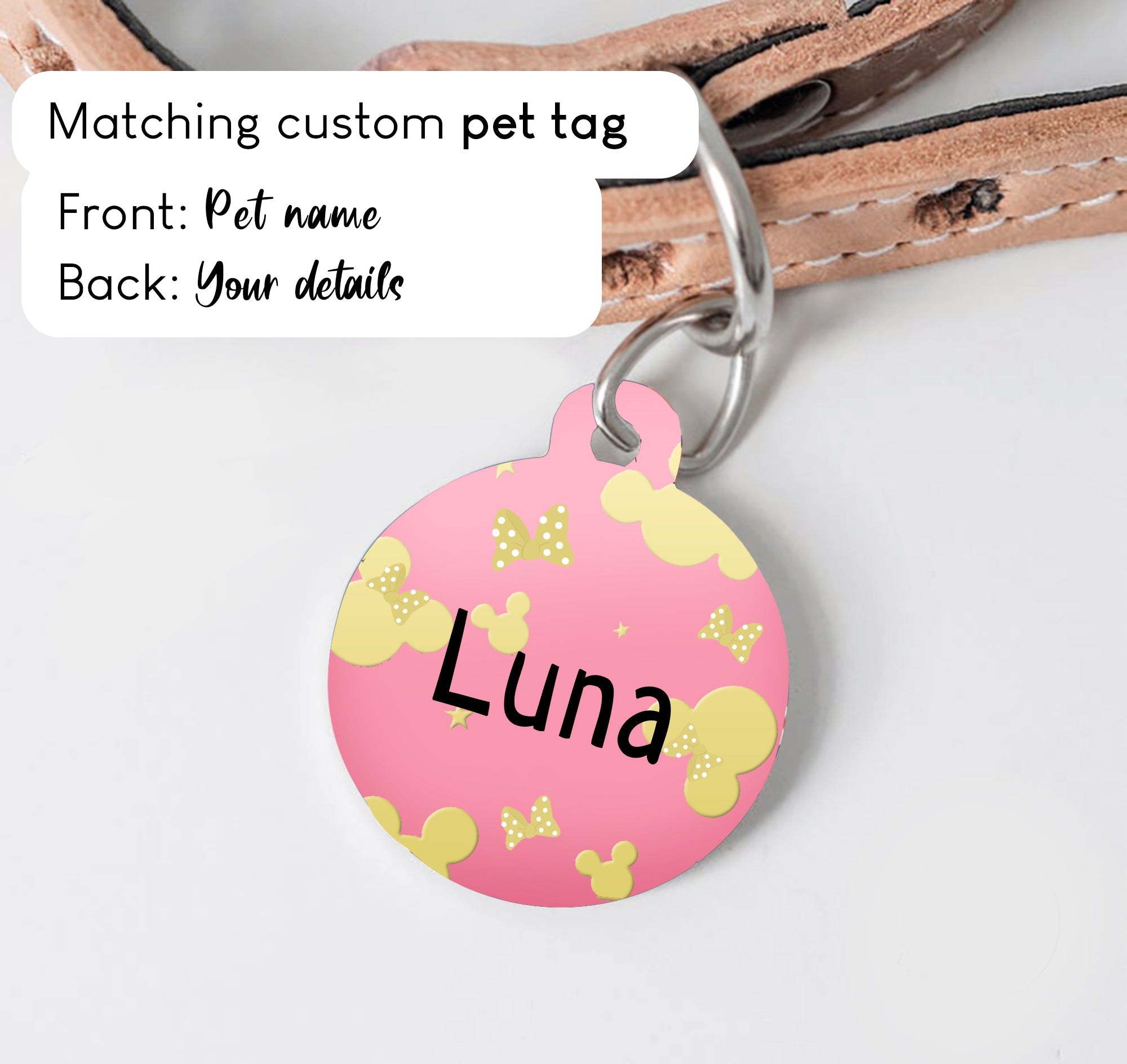 Minnie Mouse Disney Dog Collar - S-L sizes with custom matching pet tag - Adventures of Rubi