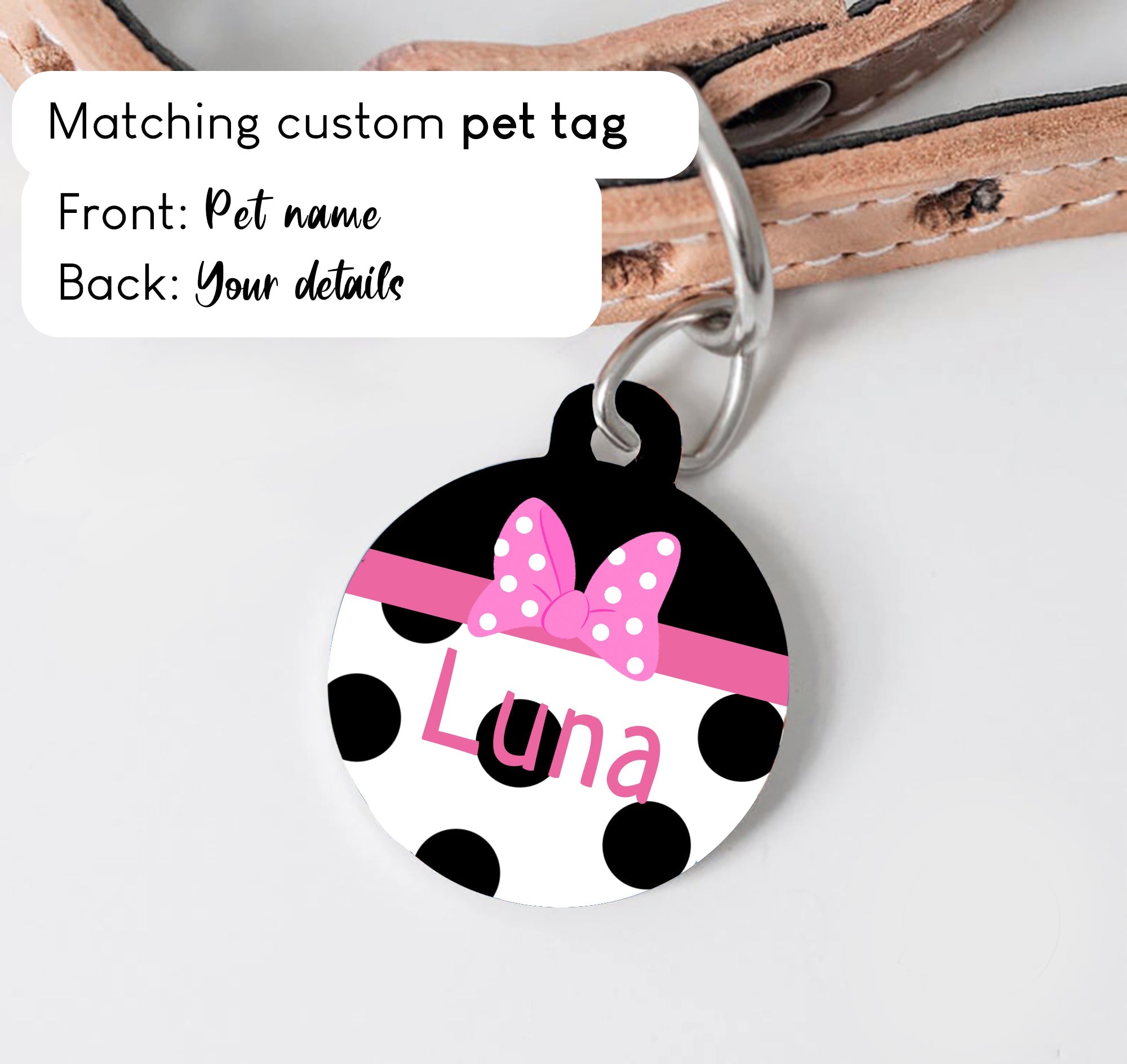 Minnie Mouse Ribbon Disney Dog Collar - S-L sizes with custom matching pet tag - Adventures of Rubi