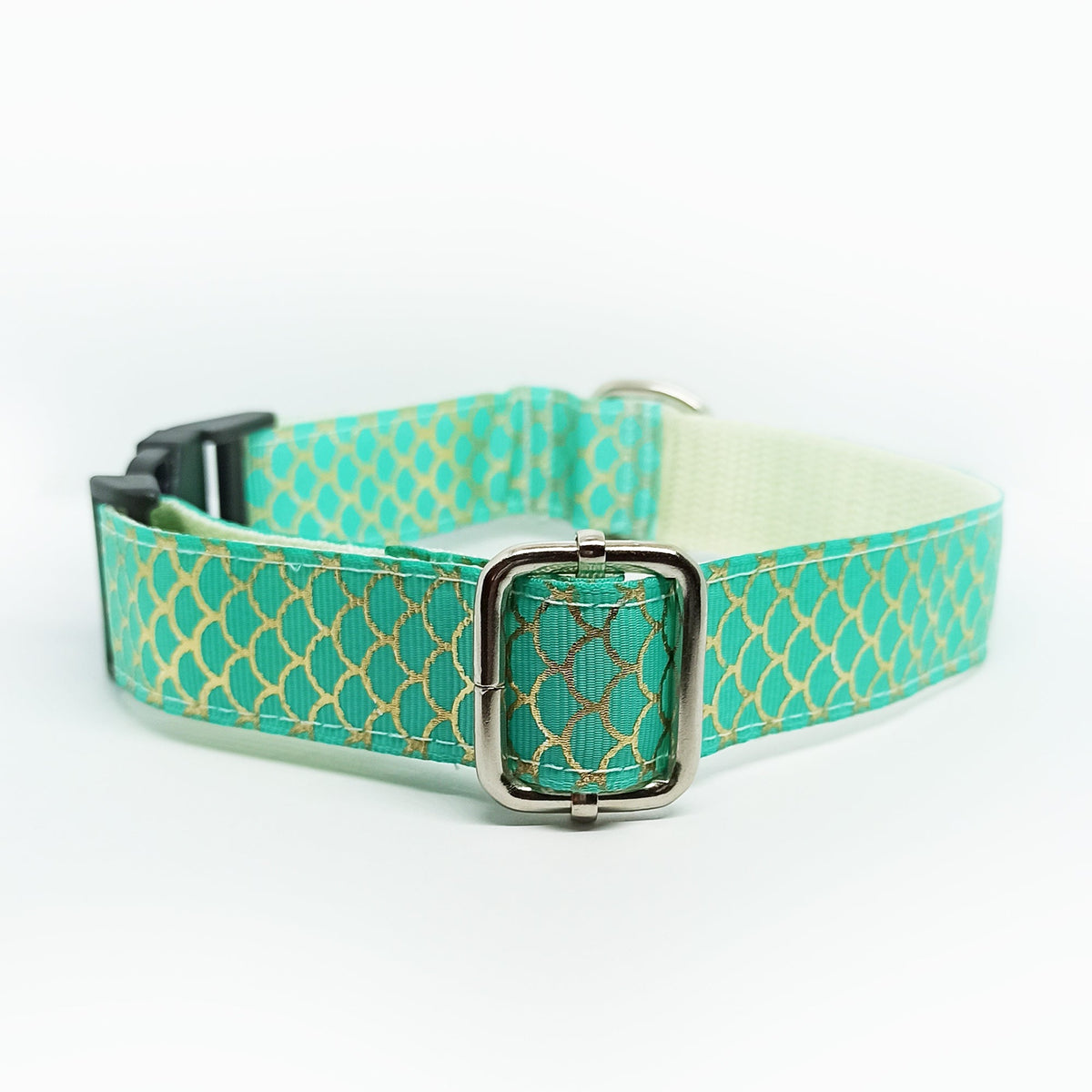 Mintgreen with Gold Scale Pattern Dog Collar - S-L sizes with custom matching pet tag - Adventures of Rubi