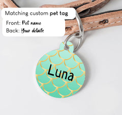 Mintgreen with Gold Scale Pattern Dog Collar - S-L sizes with custom matching pet tag - Adventures of Rubi