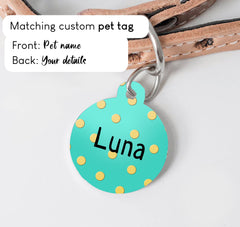 Mintgreen with Golden Polka Dots Dog Collar - S-L sizes with custom matching pet tag - Adventures of Rubi