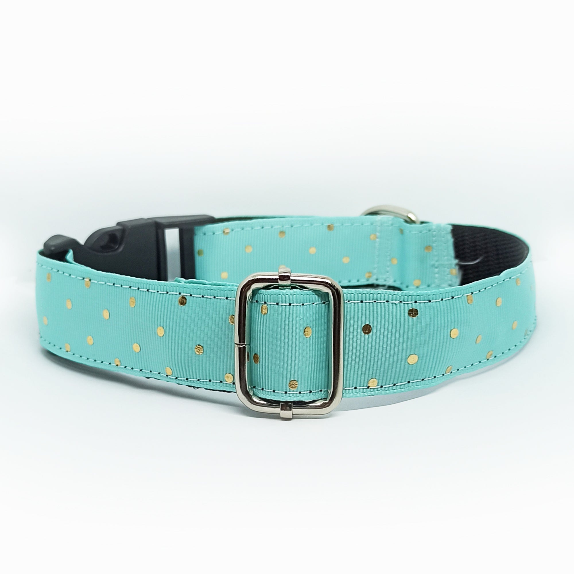 Mintgreen with Golden Polka Dots Dog Collar - S-L sizes with custom matching pet tag - Adventures of Rubi