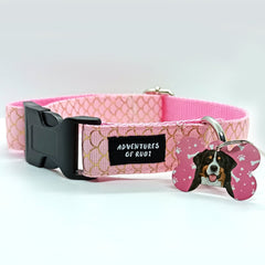 Pink with Golden Scale Pattern Dog Collar - S-L sizes with custom matching pet tag - Adventures of Rubi