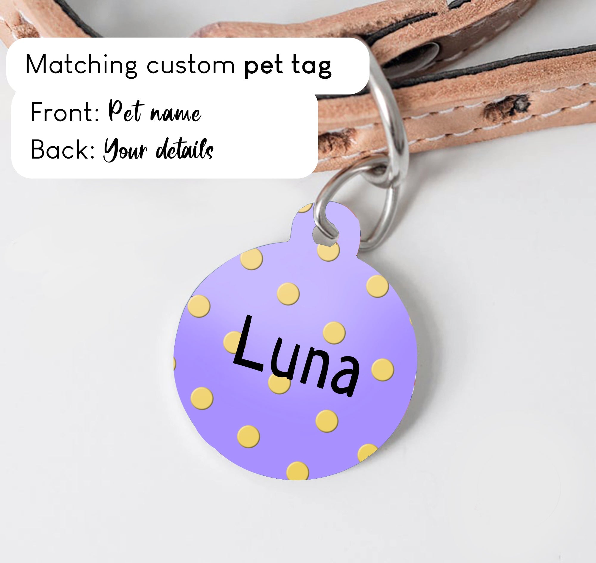 Purple with Golden Polka Dots Dog Collar - S-L sizes with custom matching pet tag - Adventures of Rubi