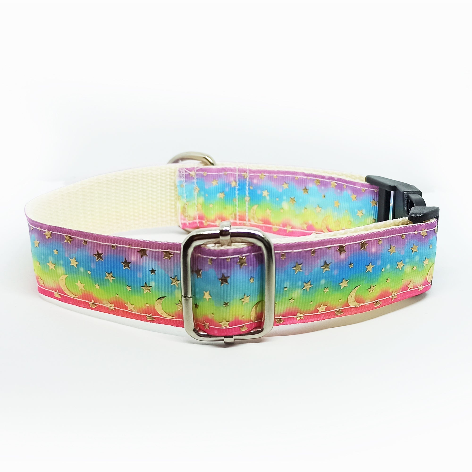 Rainbow with Golden Moon Stars Dog Collar - S-L sizes with custom matching pet tag - Adventures of Rubi