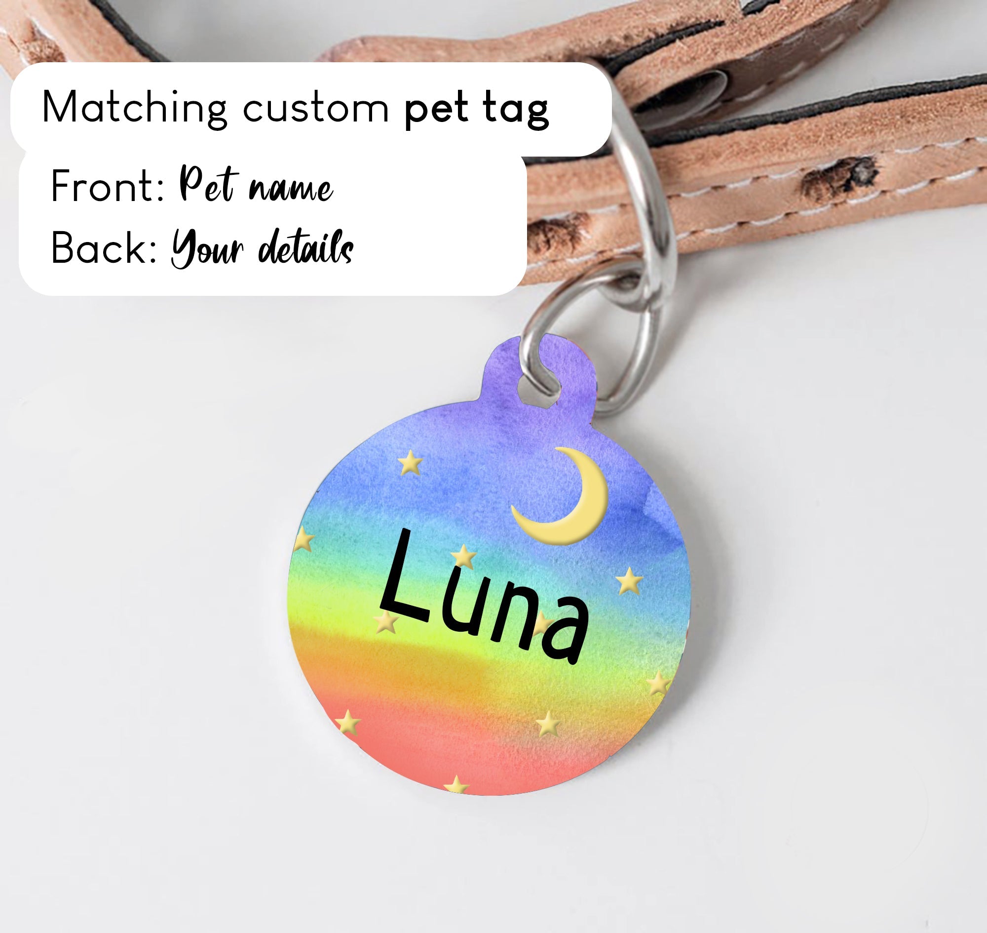 Rainbow with Golden Moon Stars Dog Collar - S-L sizes with custom matching pet tag - Adventures of Rubi