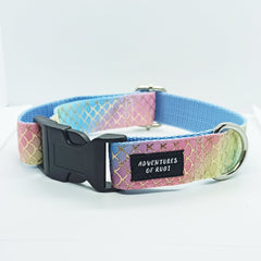 Rainbow with Golden Scale Pattern Dog Collar - S-L sizes with custom matching pet tag - Adventures of Rubi