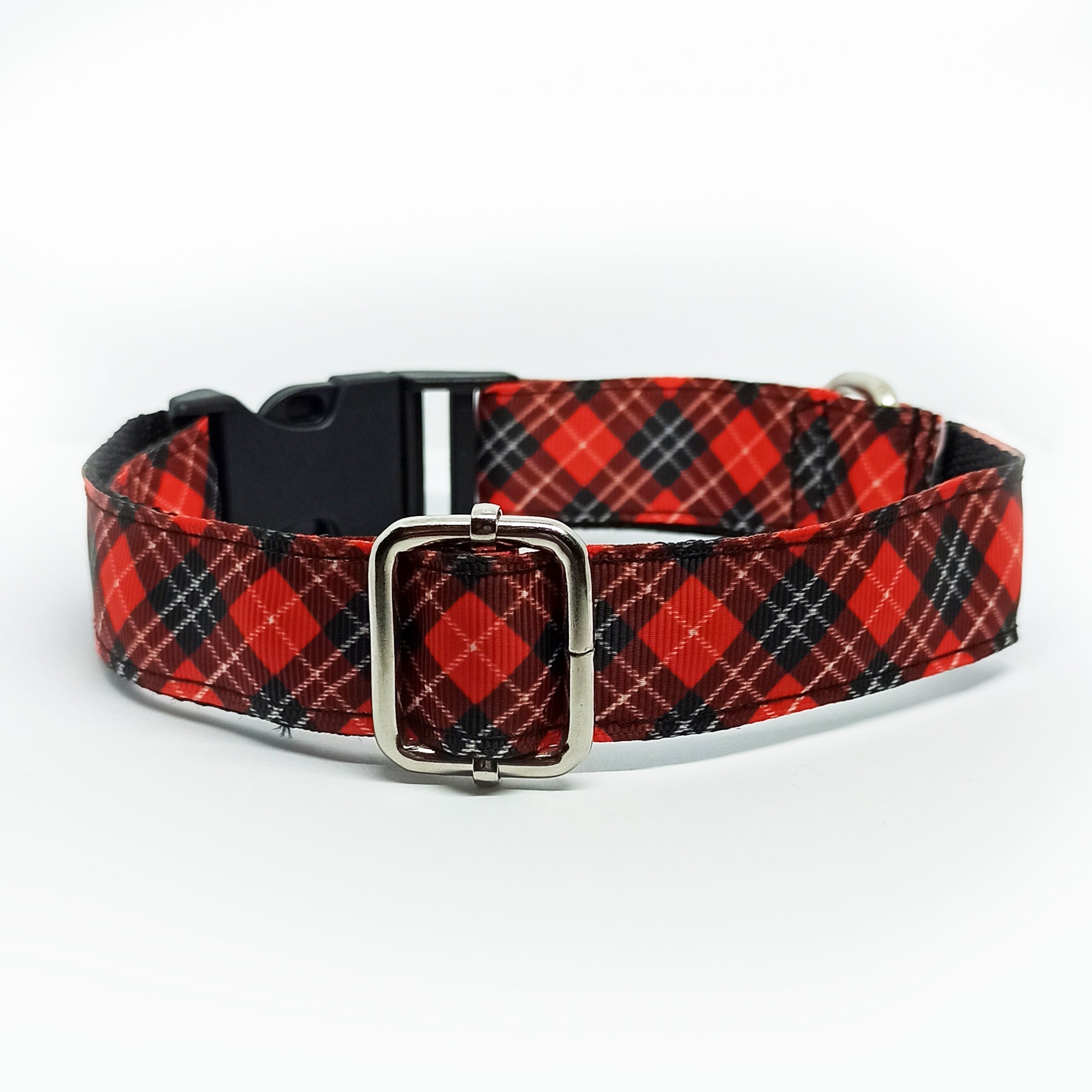 Red and Black Check Dog Collar - S-L sizes with custom matching pet tag - Adventures of Rubi